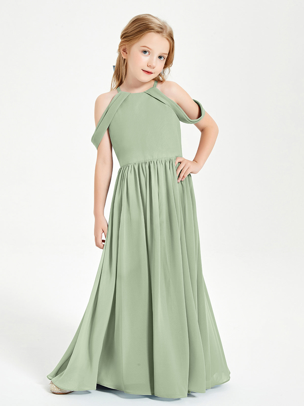 Dreamy Off the Shoulder Bridesmaid Gown for Junior Dusty Sage